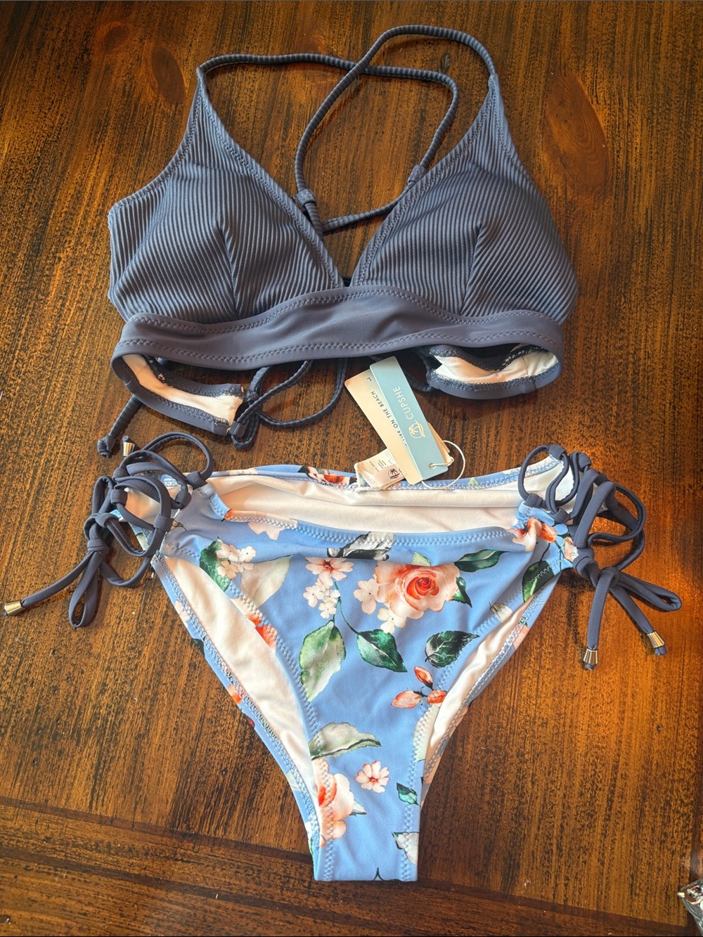 Cupshe Blue Ribbed Bralette Top with Light Blue Floral Tie-Side Bottom